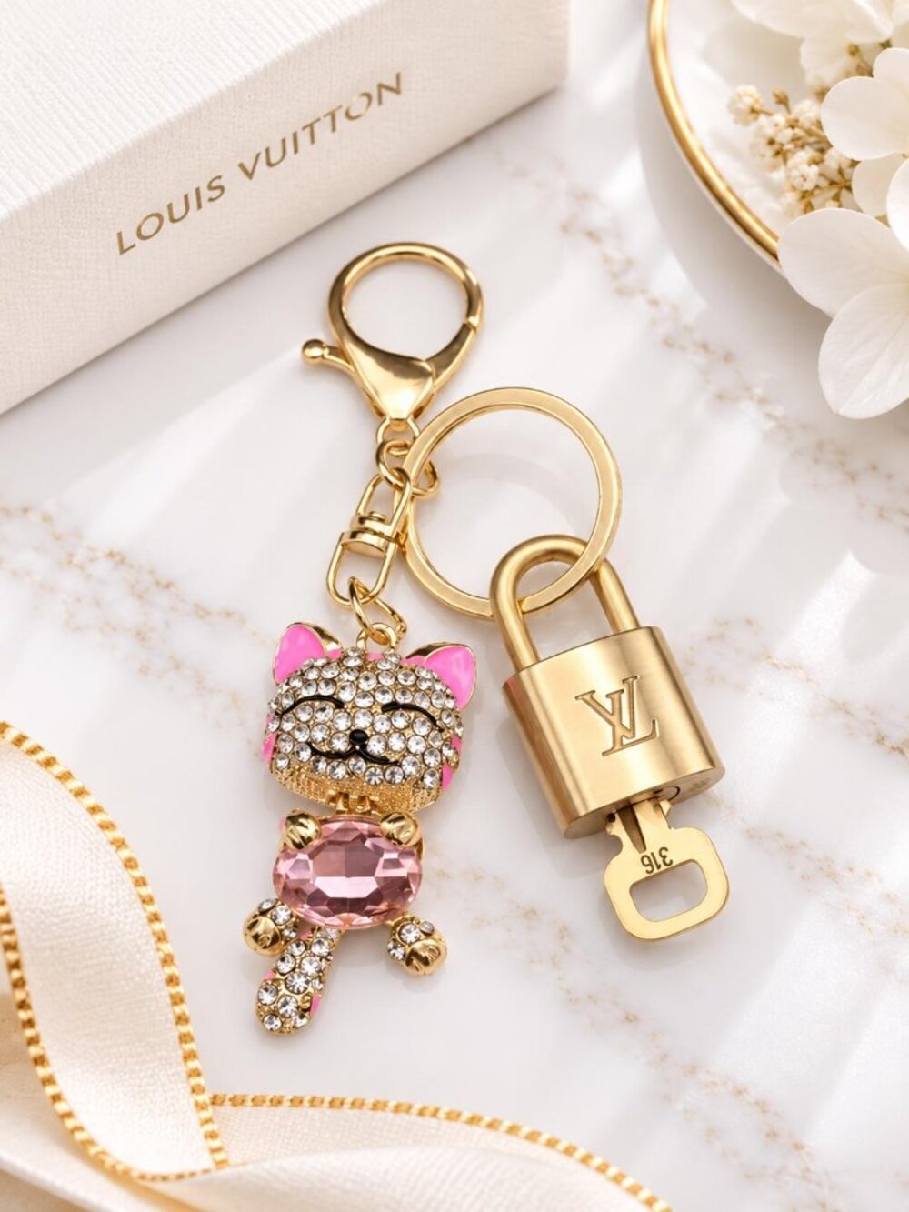 Authentic LV Gold Padlock & Key Set ✨Luxury Bag Charm w/ Unbranded Cat Keychain